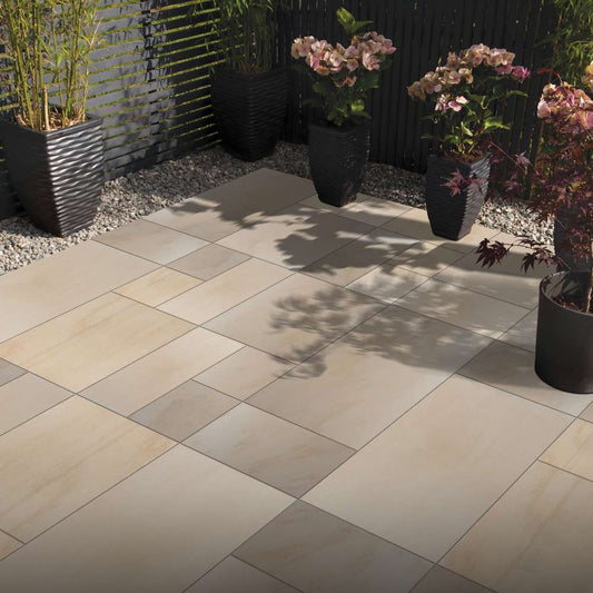 Fossil Mint Smooth Sandstone Mixed Patio Sawn Edged Paving Slabs