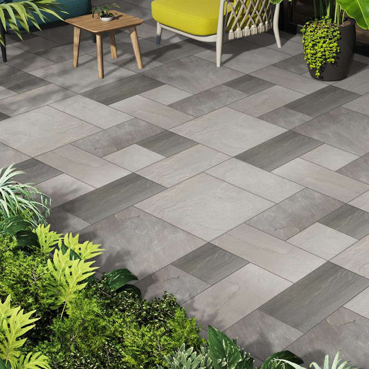 Kandla Grey Riven Sandstone Mixed Patio Paving Slabs