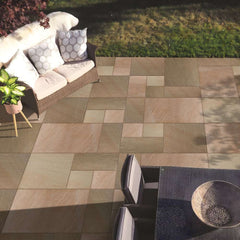 Rippon Buff Riven Sandstone Mixed Patio Paving Slabs