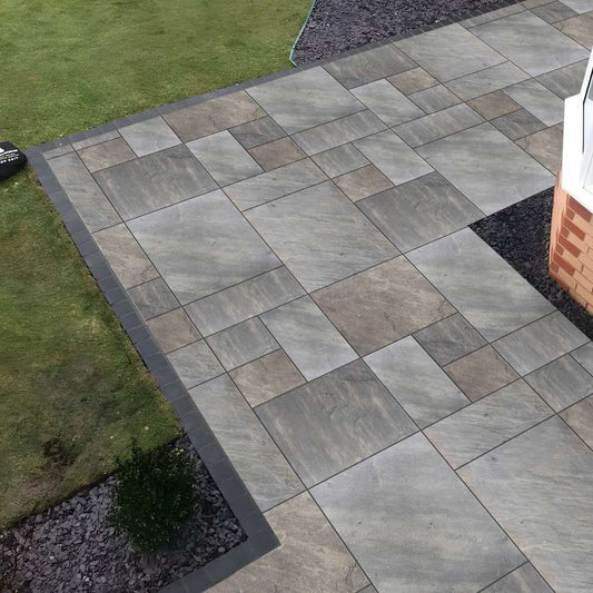 Sagar Black Riven Sandstone Mixed Patio Paving Slabs