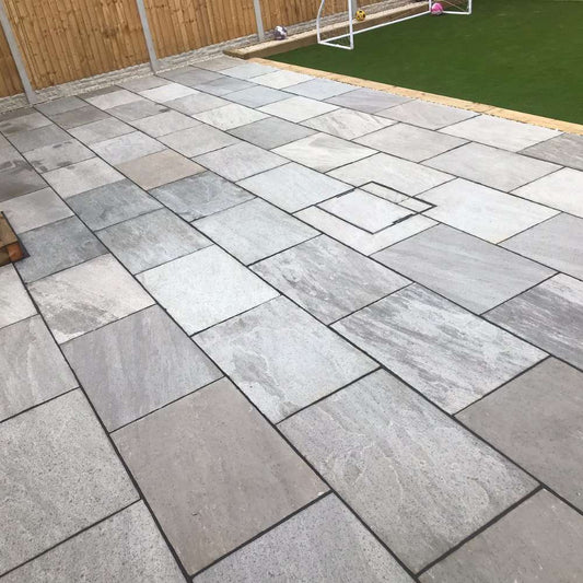 Kandla Grey Riven Sandstone 600x900 Sawn Edged Paving Slabs