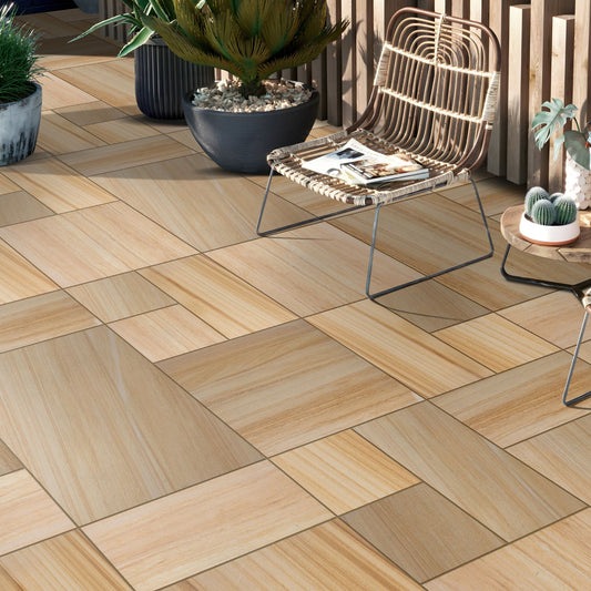 Teak Wood Smooth Sandstone Mixed Patio Paving Slabs