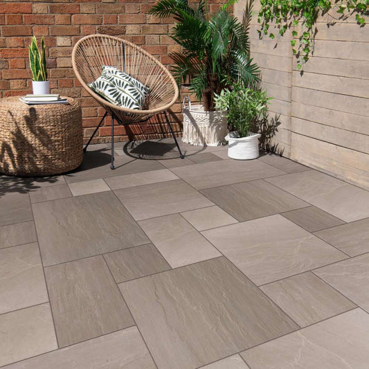 Autumn Brown Riven Sandstone Mixed Patio Paving Slabs 18mm