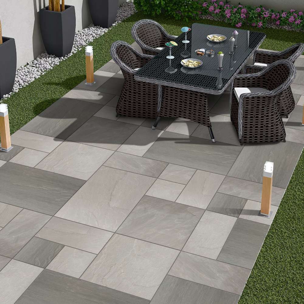 Kandla Grey Riven Sandstone Mixed Patio Paving Slabs