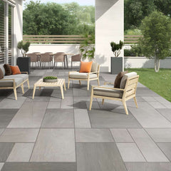 Kandla Grey Riven Sandstone Mixed Patio Paving Slabs