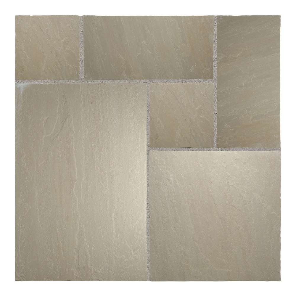 Raj Green Riven Sandstone Mixed Patio Paving Slabs