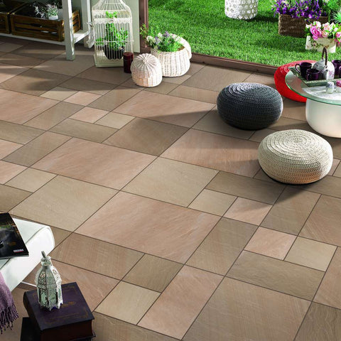 Rippon Buff Riven Sandstone Mixed Patio Paving Slabs