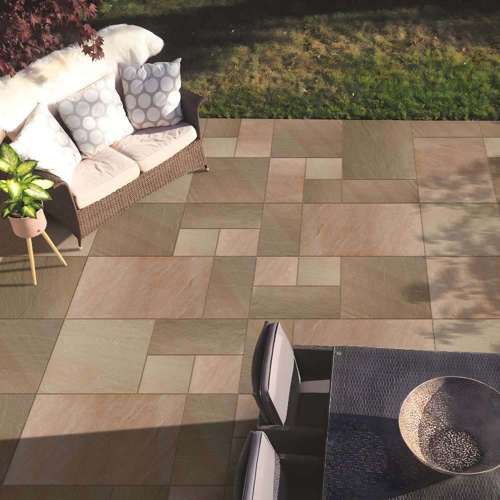 Rippon Buff Riven Sandstone Mixed Patio Paving Slabs 18mm