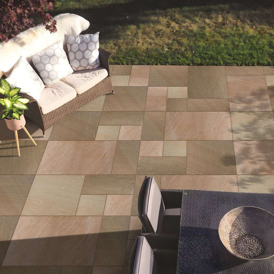 Rippon Buff Riven Sandstone Mixed Patio Paving Slabs 18mm