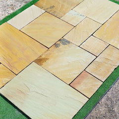 Fossil Mint Riven Sandstone Mixed Patio Paving Slabs